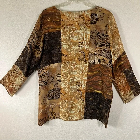 CHICO'S Patchwork Tunic Blouse L Linen Silk Dressy Beads Artsy Lagenlook Resort - Picture 13 of 14